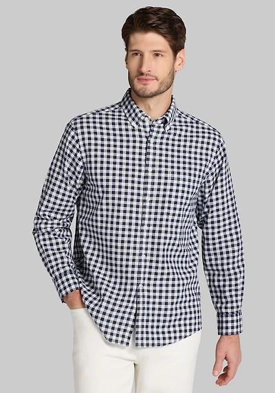 Men's Jos. A. Bank Tailored Fit Linen Blend Check Casual Shirt at Jos. A. Bank, Blue/Navy