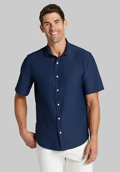 Men's Jos. A. Bank Tailored Fit Seersucker Short Sleeve Casual Shirt at Jos. A. Bank, Blue/Navy