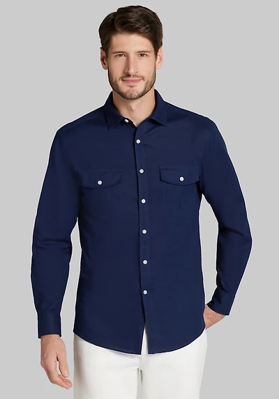 Men's Jos. A Bank Tailored Fit Double Pocket Linen-Cotton Blend Casual Shirt at Jos. A. Bank, Blue/Navy