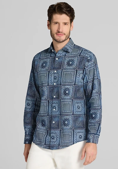 Men's Jos. A. Bank Tailored Fit Linen Blend Paisley Square Casual Shirt at Jos. A. Bank, Blue/Navy