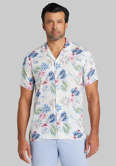 Men's Jos. A. Bank Tailored Fit Lotus Short Sleeve Casual Shirt at Jos. A. Bank, Cream/White