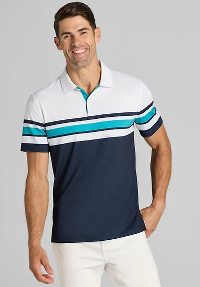 Men's Traveler® Collection Tailored Fit Engineered Stripe Performance Polo at Jos. A. Bank, Bright White/Cream/White