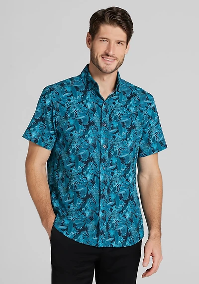 Men's Traveler® COOLMOTION Tailored Fit Deep Sea Palms 4-way Stretch Short Sleeve Casual Shirt at Jos. A. Bank, Blue/Navy