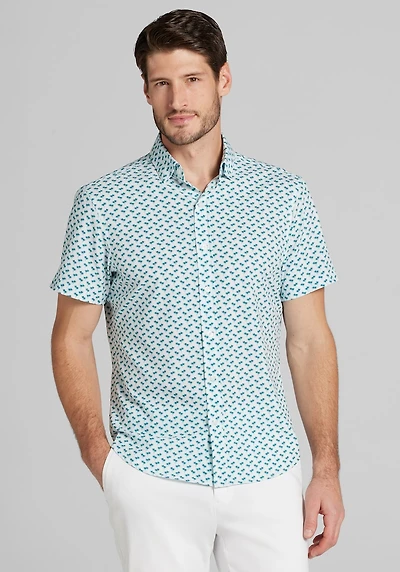 Men's Traveler® COOLMOTION Tailored Fit Mini Palm Tree 4 Way Stretch Short Sleeve Casual Shirt at Jos. A. Bank, Cream/White