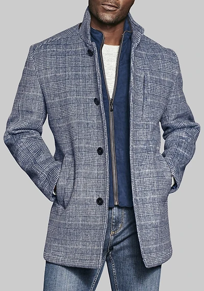 Men's Johnston & Murphy Tailored Fit Plaid Bib Front Car Coat at Jos. A. Bank, Blue/Navy