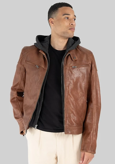 Men's Mauritius Traditional Fit Leather Bomber Jacket With Removable Hood at Jos. A. Bank, Brown
