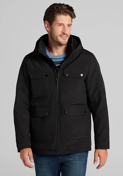 Men's Traveler® Collection Tailored Fit Soft Shell Hooded Jacket at Jos. A. Bank, Black