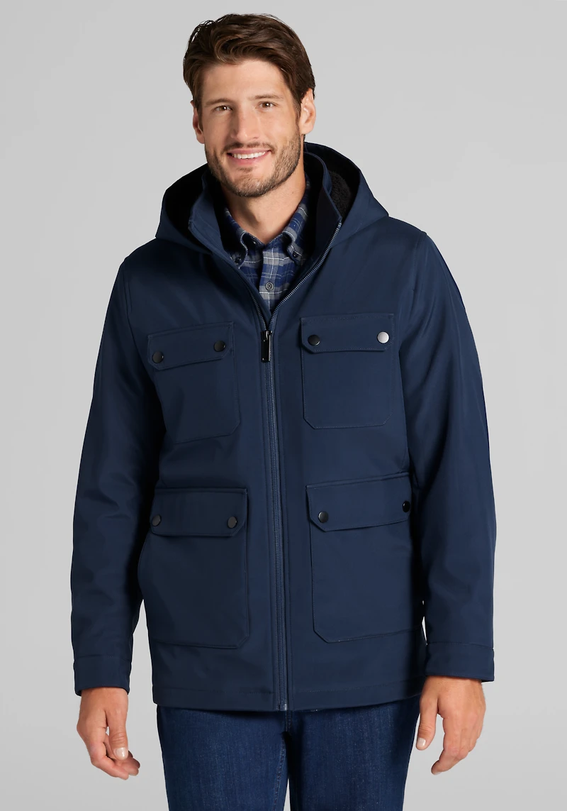 Men's Traveler® Collection Tailored Fit Soft Shell Hooded Jacket at Jos. A. Bank, Blue/Navy