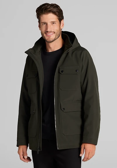 Men's Traveler® Collection Tailored Fit Soft Shell Hooded Jacket at Jos. A. Bank, Green/Olive