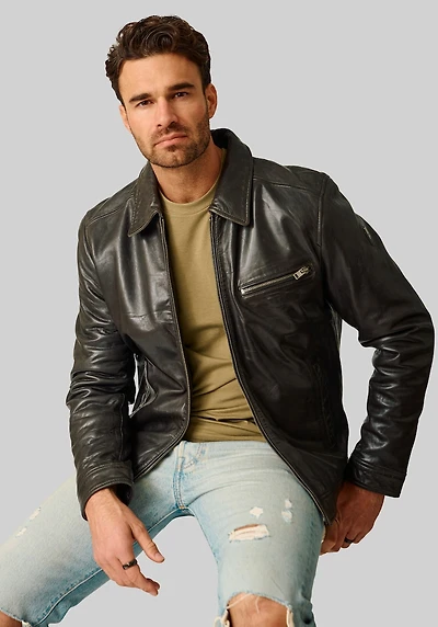 Men's Mauritius Traditional Fit Leather Zip Bomber Jacket at Jos. A. Bank, Charcoal/Grey,