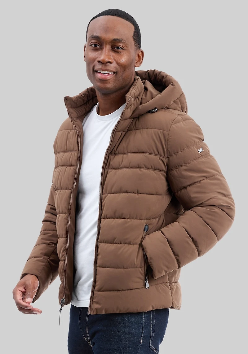 Men's Michael Kors Tailored Fit Dressy Stretch Hooded Packable Jacket at Jos. A. Bank, Brown/Mocha