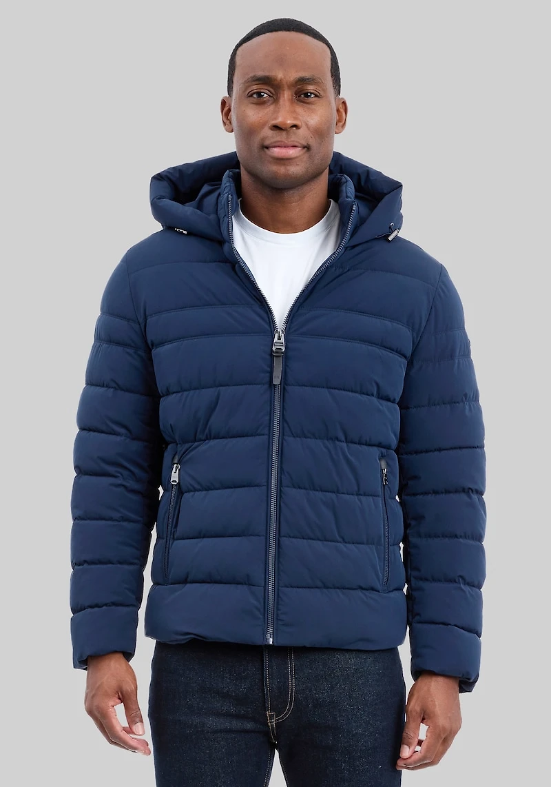 Men's Michael Kors Tailored Fit Dressy Stretch Hooded Packable Jacket at Jos. A. Bank, Blue/Dark Navy
