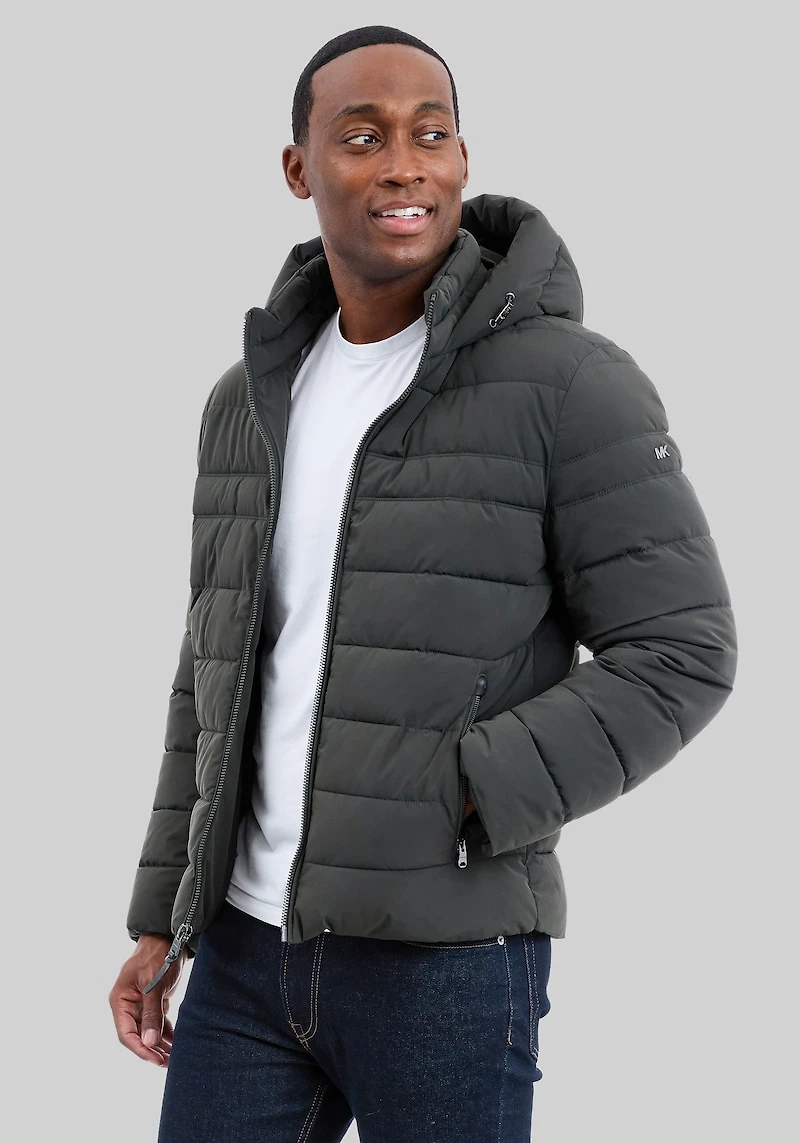 Men's Michael Kors Tailored Fit Dressy Stretch Hooded Packable Jacket at Jos. A. Bank, Dark Olive/Green