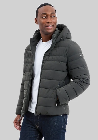 Men's Michael Kors Tailored Fit Dressy Stretch Hooded Packable Jacket at Jos. A. Bank, Dark Olive/Green
