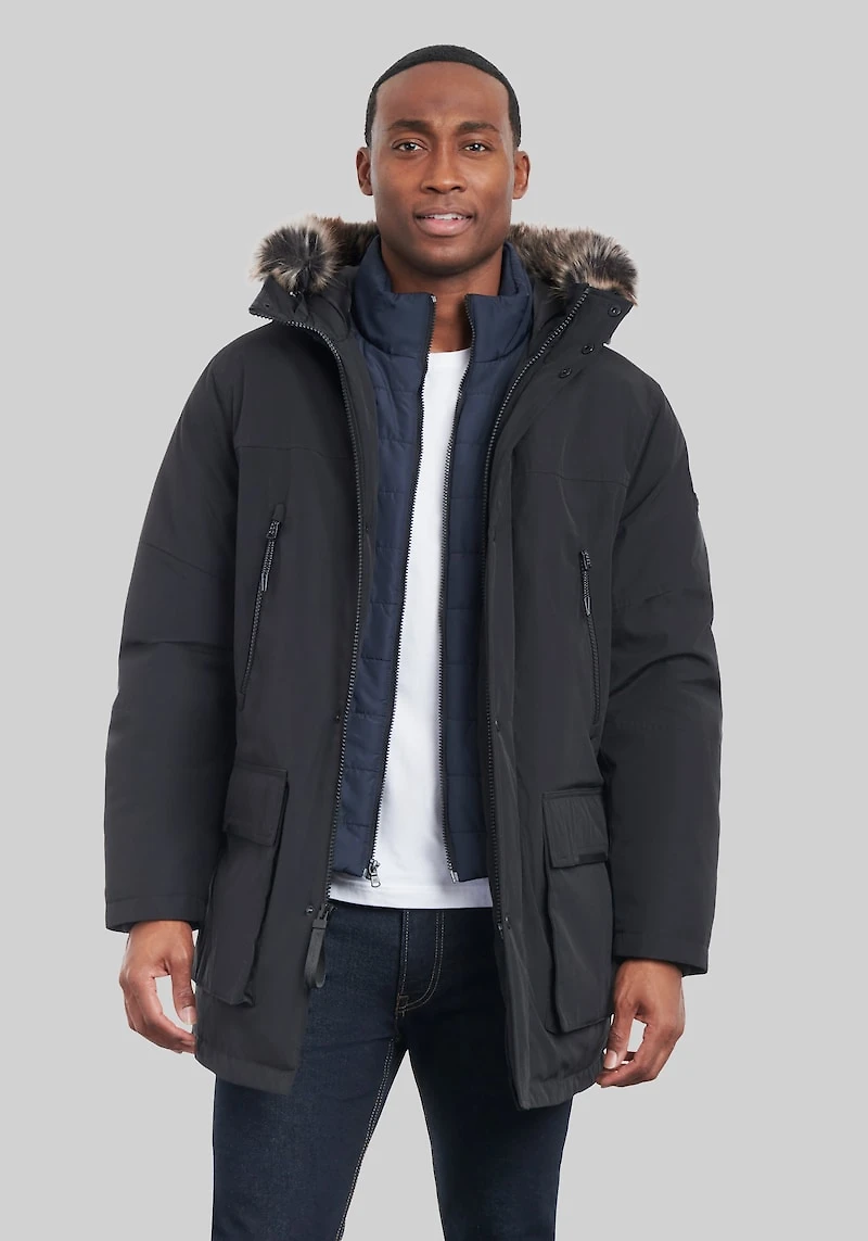 Men's Michael Kors Tailored Fit Hooded Bib Snorkel Faux Fur Parka at Jos. A. Bank, Black