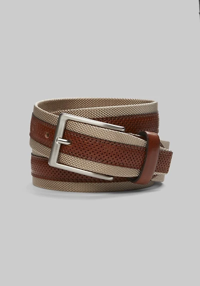 Men's Jos. A. Bank Perforated Leather and Nylon Feather Edge Belt - Long at Jos. A. Bank, Tan,