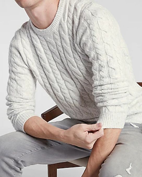 Solid Cable Knit Crew Neck Sweater White Men's