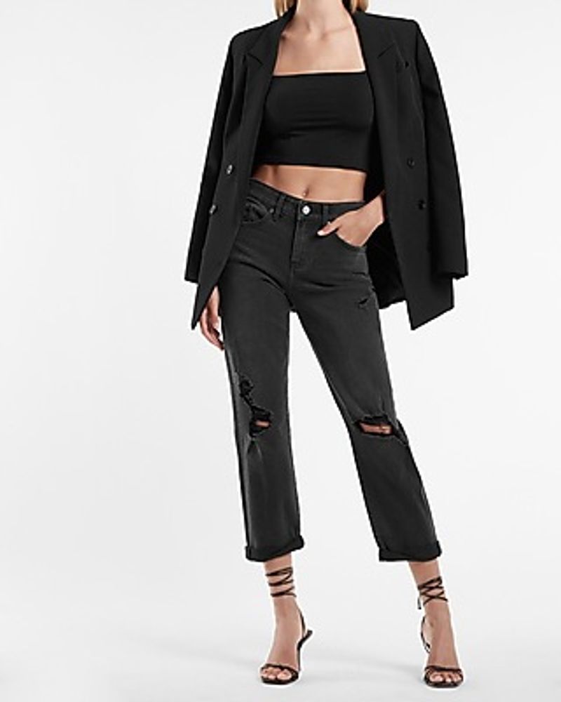 Mid Rise Black Ripped Rolled Hem Boyfriend Jeans