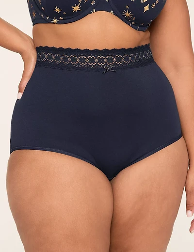 Cotton High-Waist Brief Panty With Lace Waist