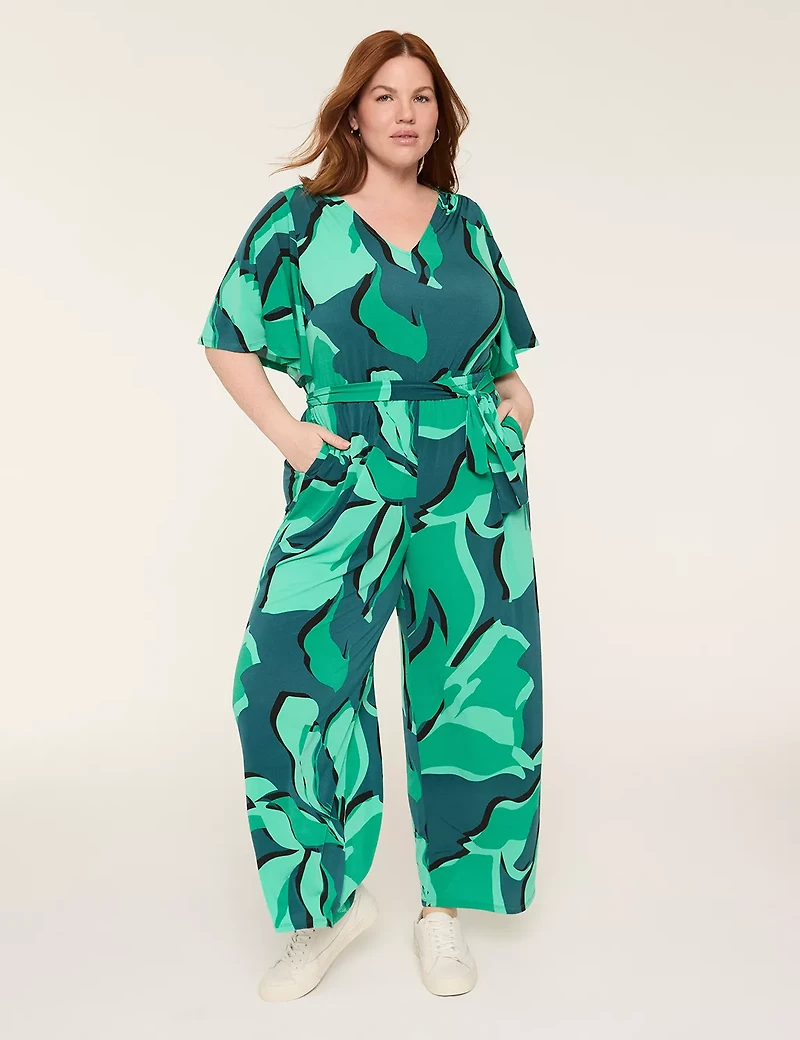 Flutter-Sleeve V-Neck Wide Leg Jersey Jumpsuit
