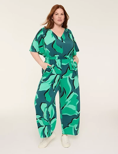 Flutter-Sleeve V-Neck Wide Leg Jersey Jumpsuit