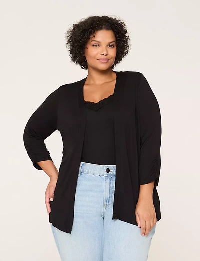 3/4 Ruched-Sleeve Open-Front Overpiece