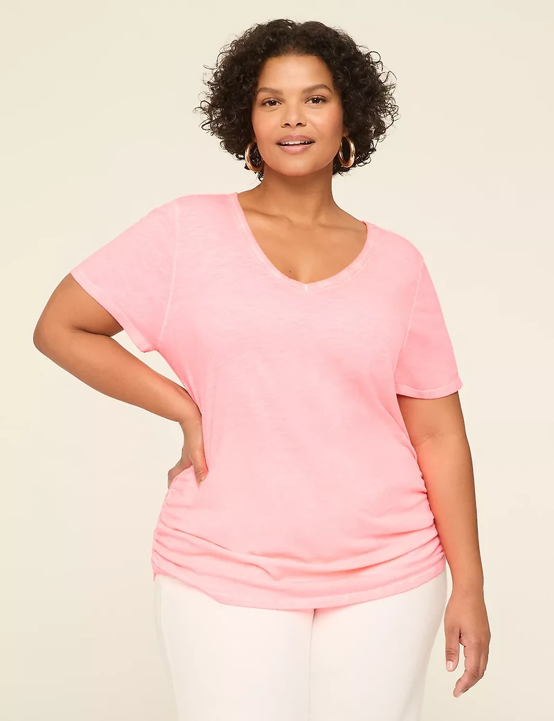 Short-Sleeve V-Neck Side-Ruched Tee