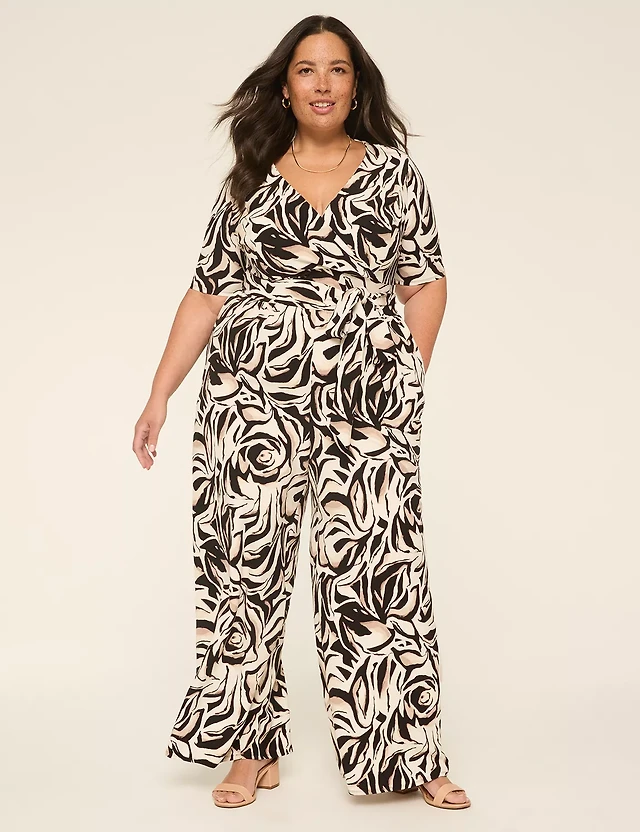 Lena Short-Sleeve Surplice Jumpsuit