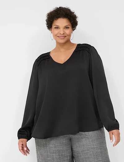 Smocked-Shoulder Satin & Knit Blouse