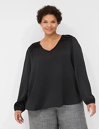 Smocked-Shoulder Satin & Knit Blouse