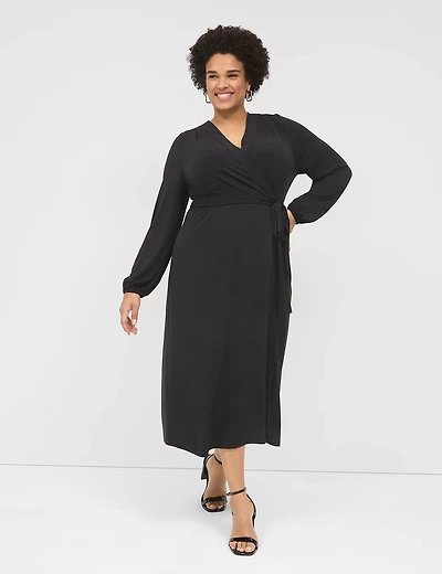 Long-Sleeve Faux-Wrap Jersey Midi Dress