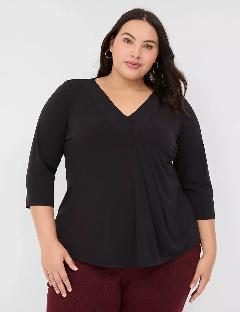 Swing 3/4-Sleeve Pleat-Front Top