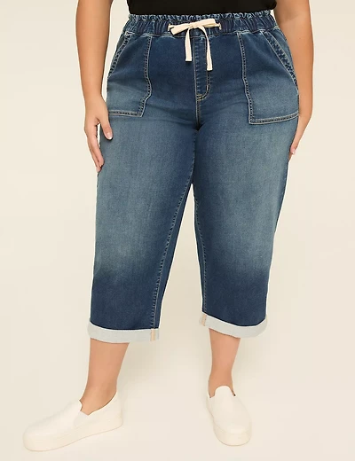 Pull-On High-Rise Boyfriend Cloud Knit Denim Capri