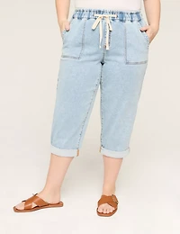 Pull-On High-Rise Boyfriend Knit Denim Capri