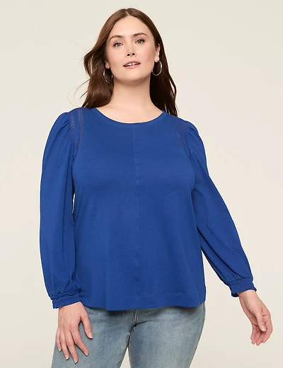 Smocked-Cuff Crochet-Trim Top