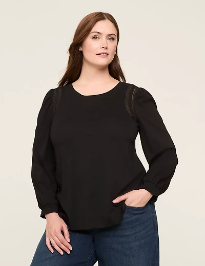 Smocked-Cuff Crochet-Trim Top