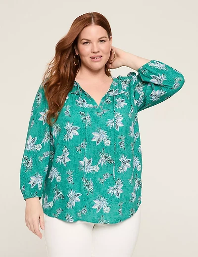 Textured Split-Neck Popover Blouse