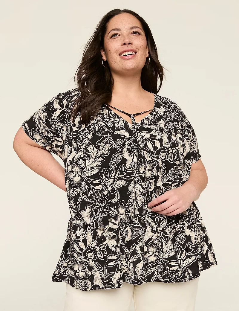 Swing Tie V-Neck Knit & Woven Top