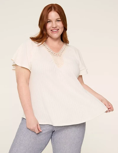 Flutter-Sleeve Crochet-Neck Top