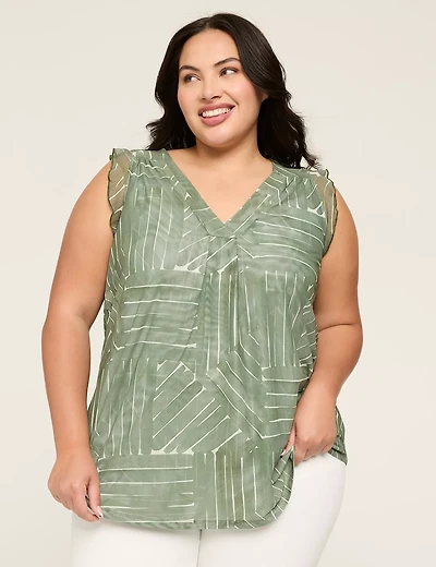 Mesh V-Neck Pleat-Front Top