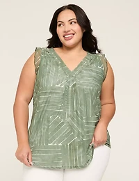 Mesh V-Neck Pleat-Front Top