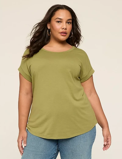 Roll-Sleeve Scoop-Neck Tee