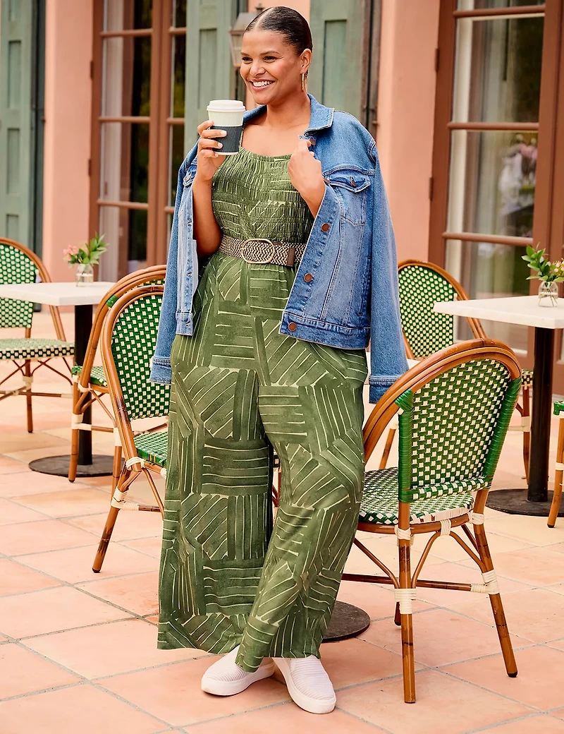 Smocked-Bodice Flutter-Sleeve Jumpsuit