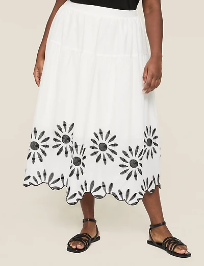 Embroidered Scallop-Hem Tiered Midi Skirt