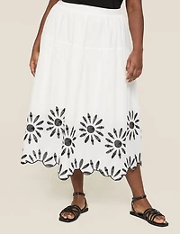 Embroidered Scallop-Hem Tiered Midi Skirt