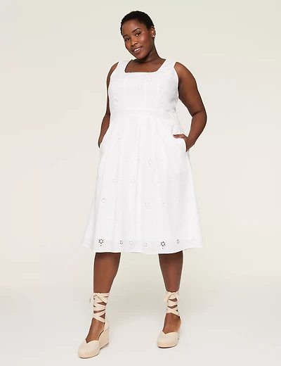 Eyelet Square-Neck Pleated Midi Dress