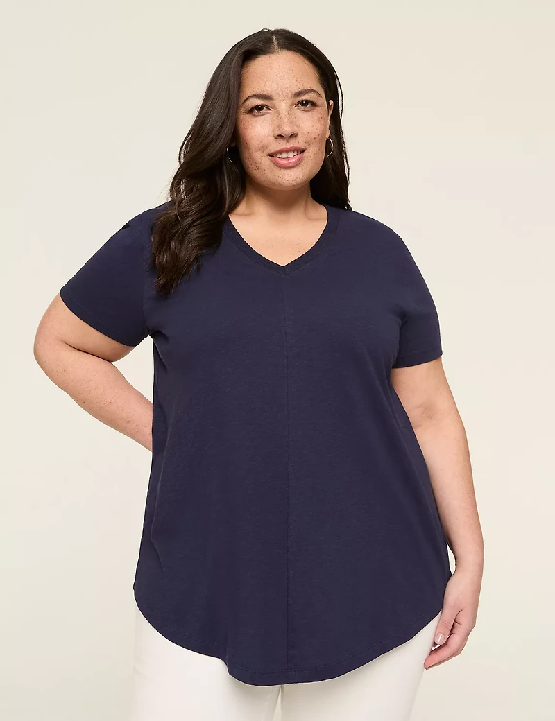 Short-Sleeve V-Neck Seamed Tee