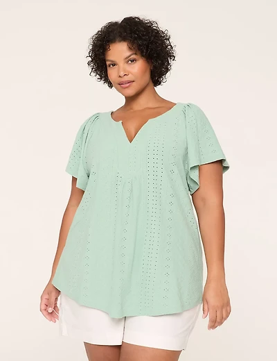 Knit Eyelet Notch-Neck Top