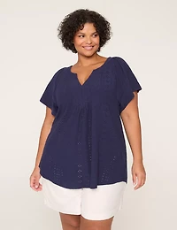 Knit Eyelet Notch-Neck Top