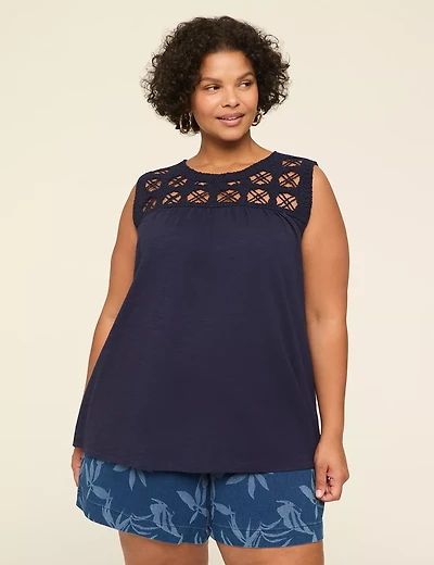 Sleeveless Crochet-Yoke Top